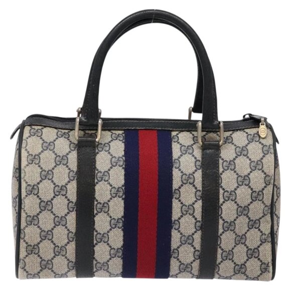 GUCCI GG Supreme Sherry Line Hand Bag PVC Navy Gold Red Auth 135604 - Picture 3 of 16